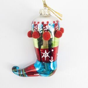 Glass Elf Shoe Christmas Ornament Stocking Pom Pons Glitter Red Blue Gold 3"